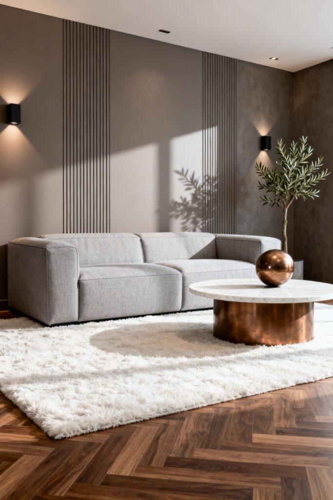 Soft Gray Gallery Space With Ribbed Accent Wall