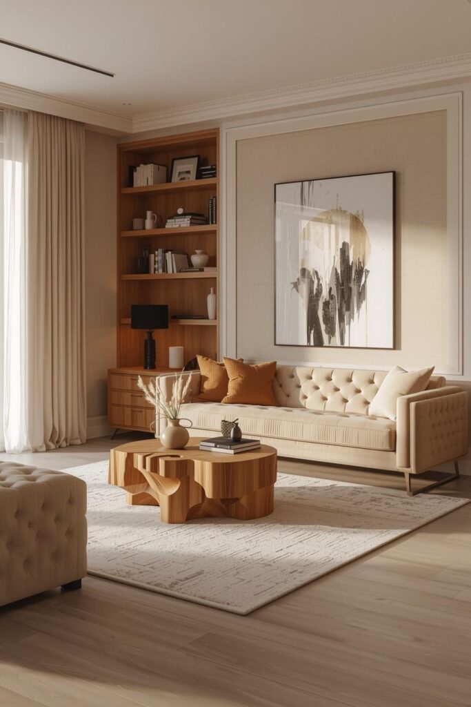 Soft Minimal Apartment With Built-In Shelving and Honey Wood Glow