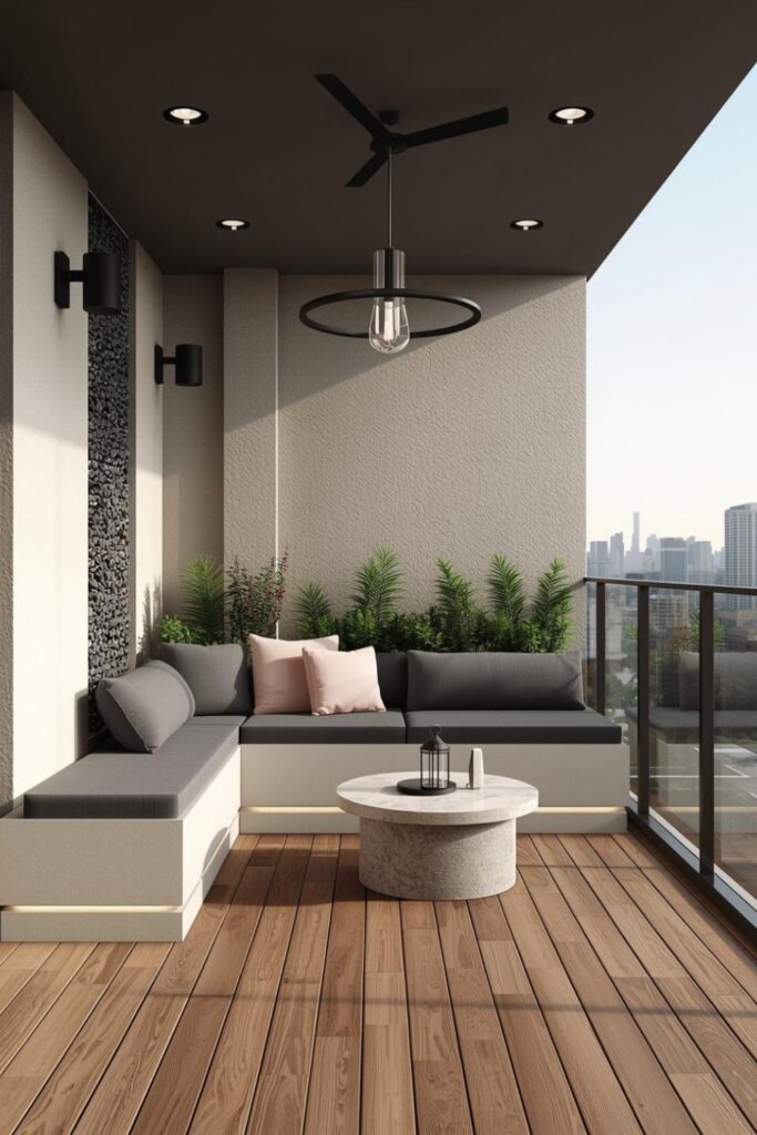 Soft Pink and Charcoal Balcony with Textured Wall and Bench Seating