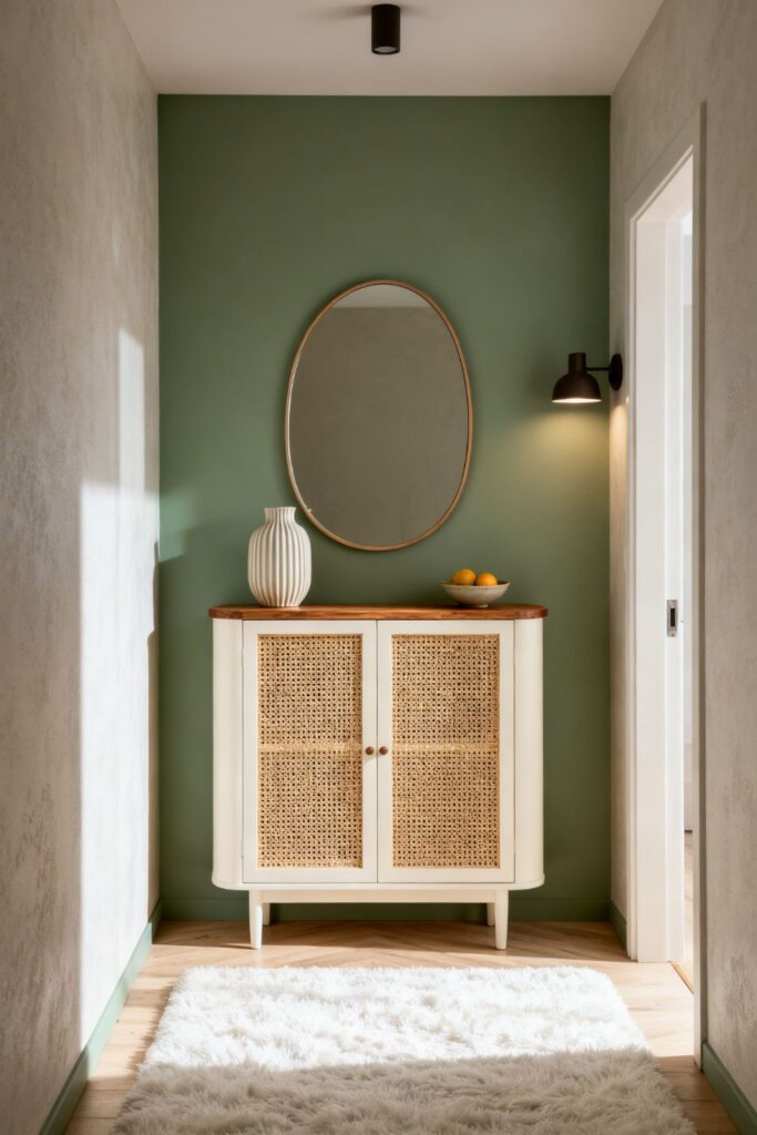 Soft Sage Entrance With Cane Cabinet and Rounded Mirror