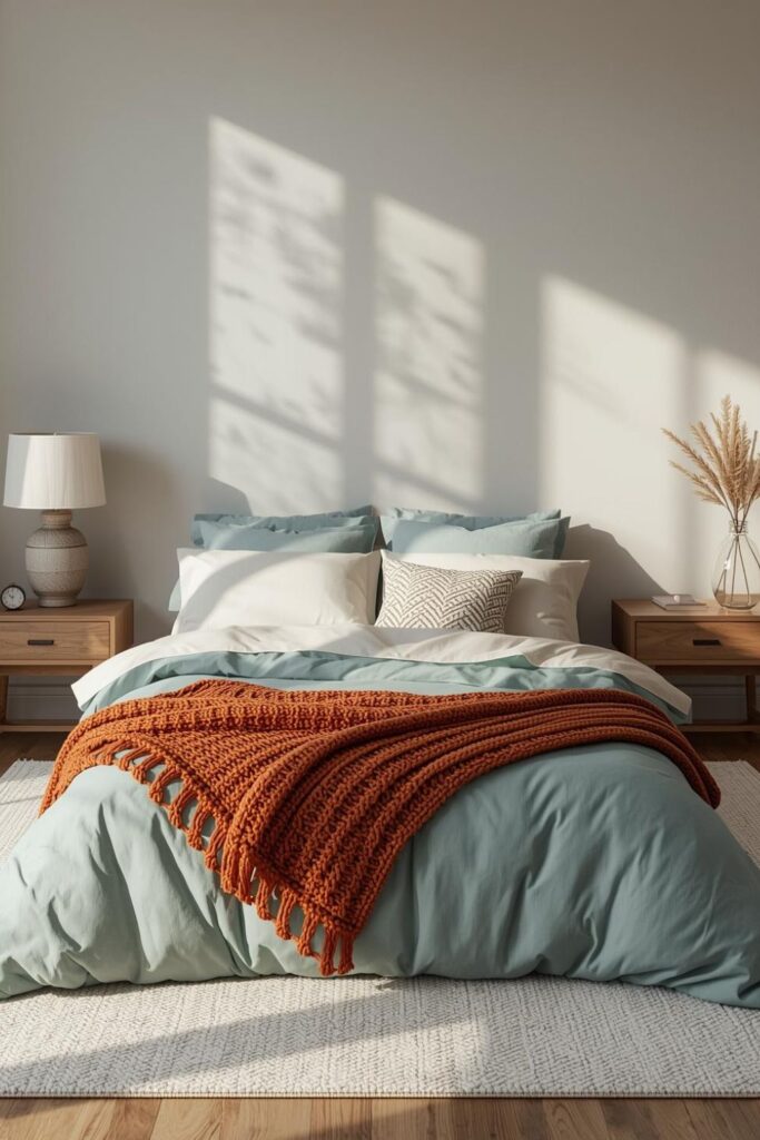 Soft Teal Bedding With Rust Orange Knit Throw And Maple Wood