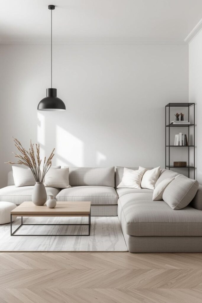 Soft White Walls with Greige Sofa and Oak Warmth