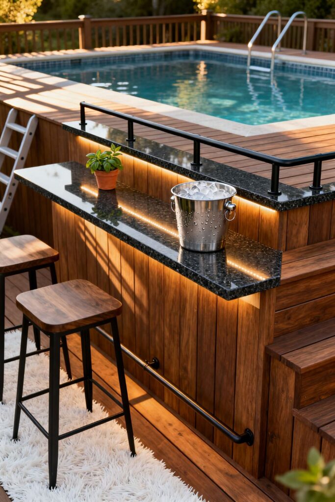 Split-Level Deck With Outdoor Bar Shelf and Stools