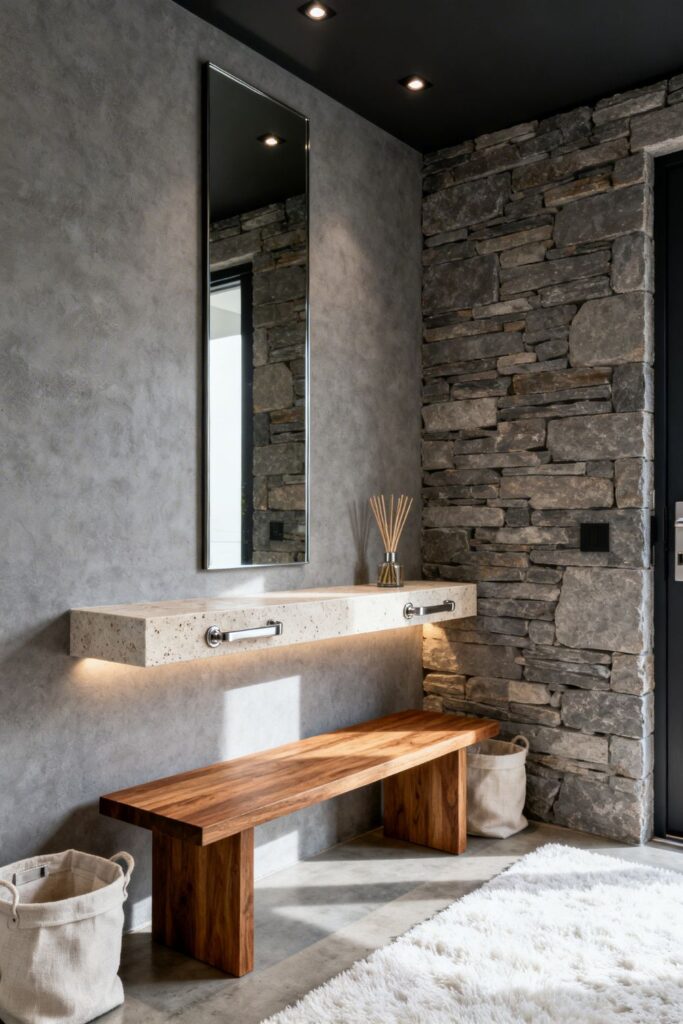 Stone Accent Entry With Floating Shelf and Minimal Bench
