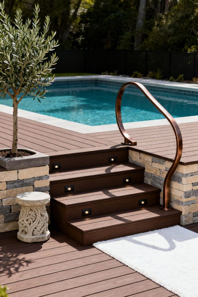 Stone Skirt Deck With Wide Steps and Sculptural Rail