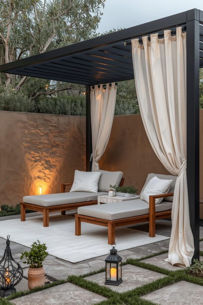 Teak Lounge Pair Under Pergola With Sheer Curtains