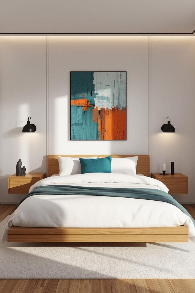 Teal And Orange Abstract Art With Floating Oak Nightstands
