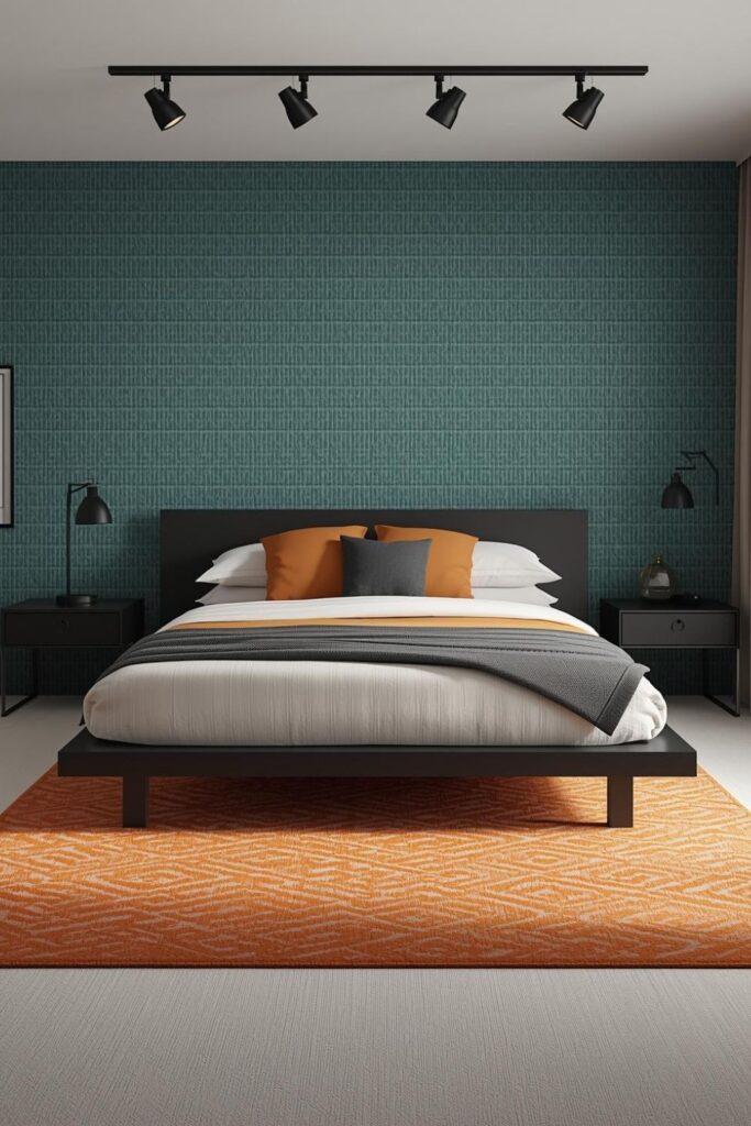 Teal Pattern Wallpaper With Orange Rug And Black Platform Bed