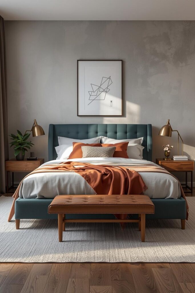Teal Upholstered Bed With Terracotta Bench And Brass Glow