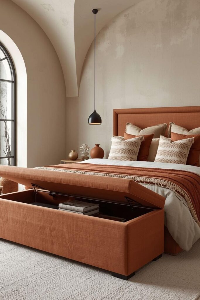 Terracotta Linen Bench with Deep Lift-Top Blanket Storage