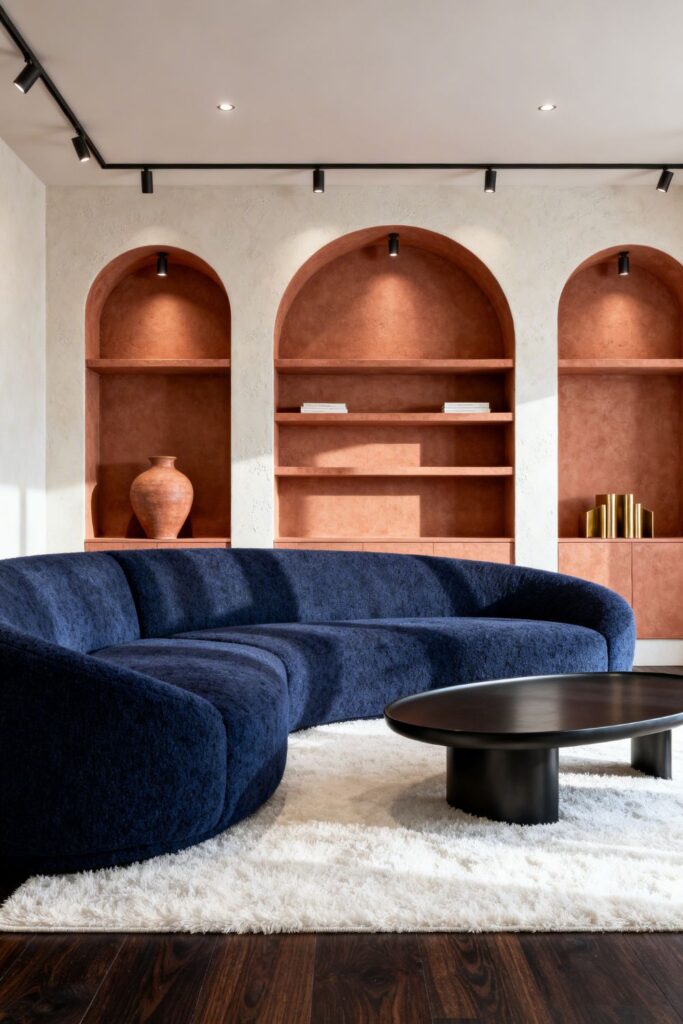 Terracotta and Ink Modern Lounge With Arched Built-Ins