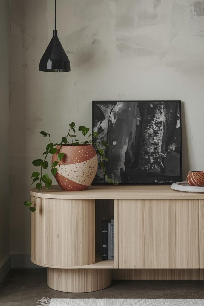 Terrazzo-Speckled Painted Pot Styled on a Rounded Entry Console