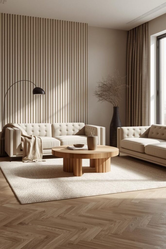 Transitional Corner Layout With Fluted Wall and Light Oak Warmth