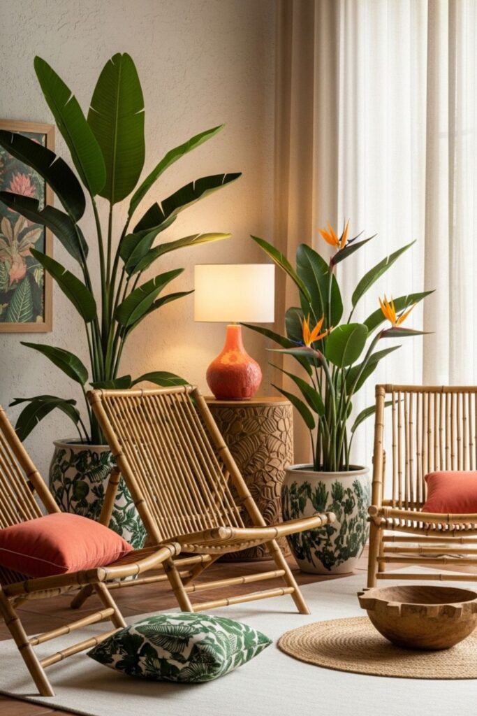 Tropical Indoor Garden Room With Bamboo, Prints, and Big Leaves