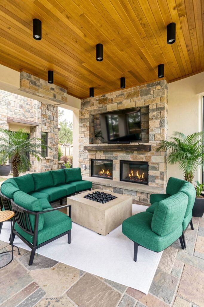 Tropical Stone Fireplace With Emerald Sectional And Cane Accents
