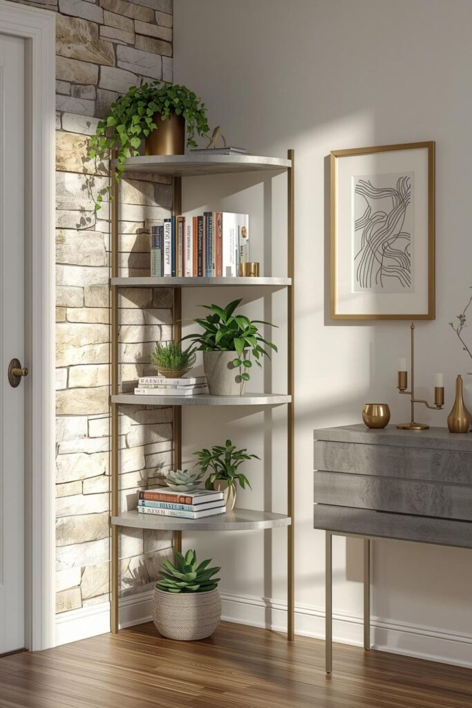 Stone and Bronze Corner Shelf Styling with Elevated Natural Texture