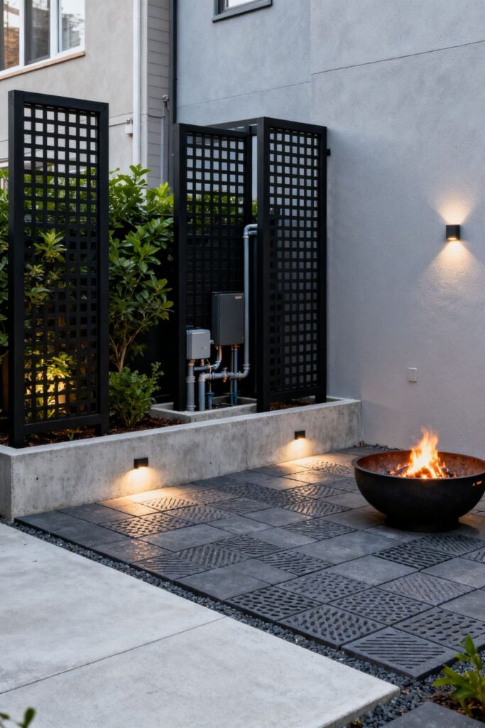 Urban Courtyard Deck With Concrete Slabs and Black Trellis