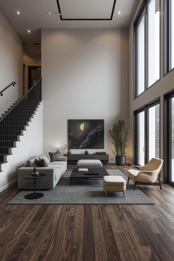 Urban Minimal Gray Room with Dark Steps and Metal Balustrade