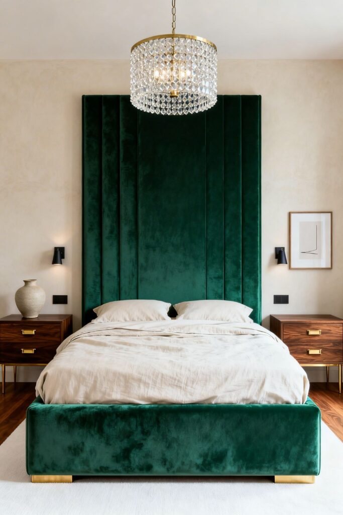 Velvet Emerald Headboard With Crystal Drum Chandelier Glow