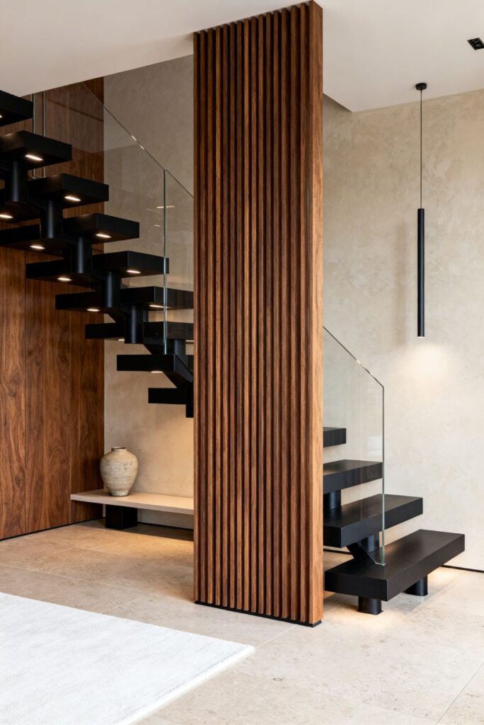 vVertical Walnut Slat Partition With Floating Black Stair Treads