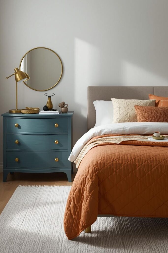 Vintage Teal Dresser With Orange Quilt And Brass Hardware