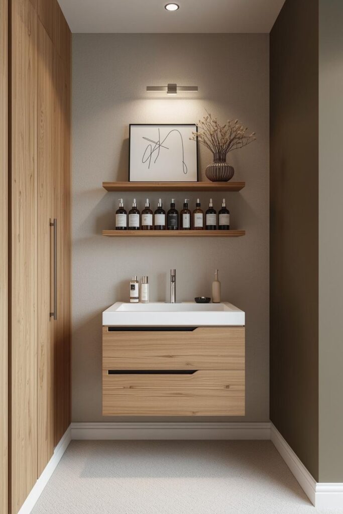 Wall-Mounted Shelves to Free Up the Vanity Surface