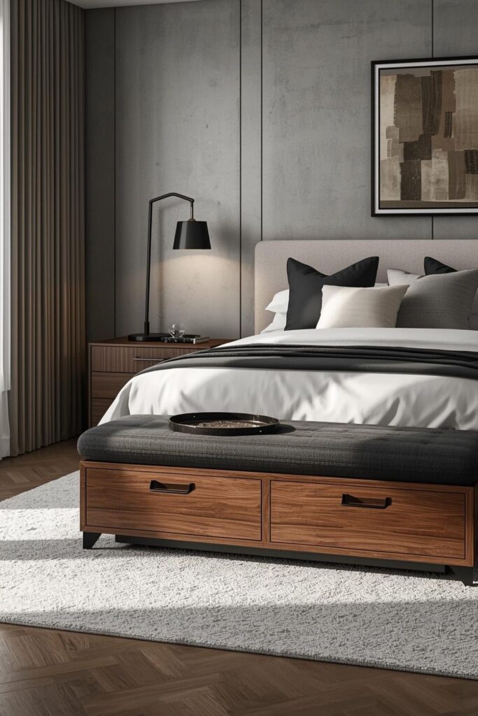 Walnut Drawer Bench with Charcoal Upholstery for Contrast