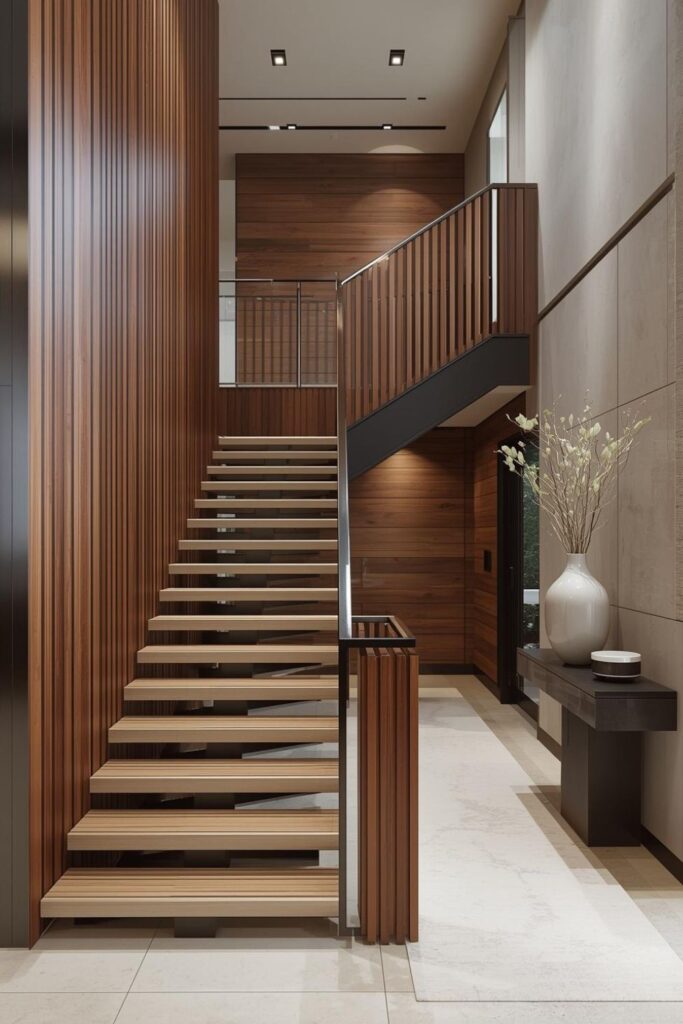 Walnut Slat Railing With Floating White-Oak Treads