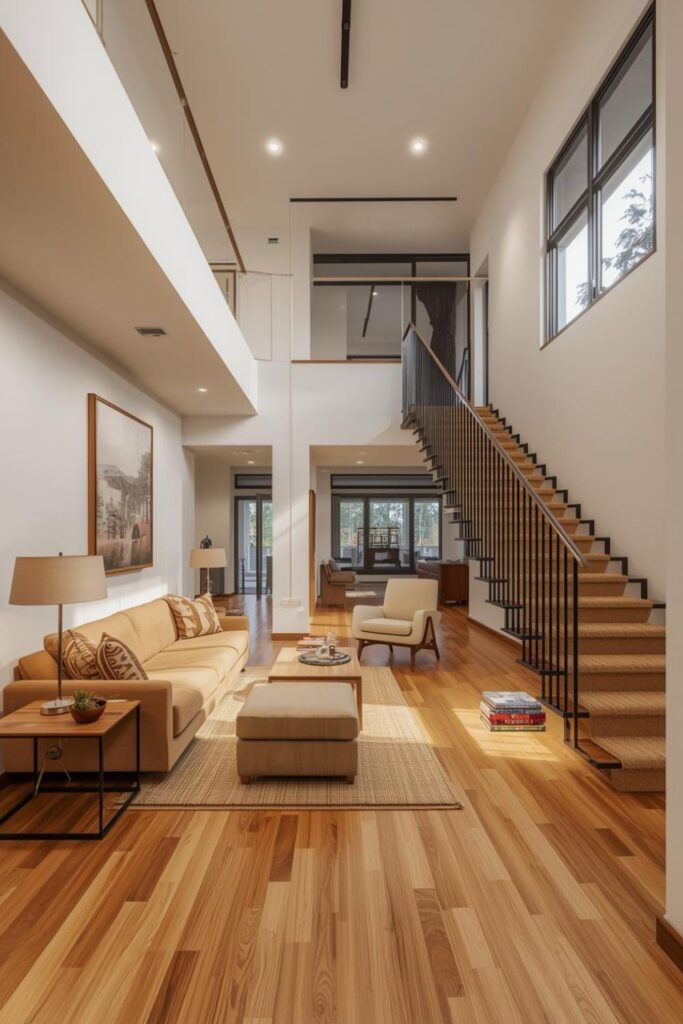 Warm Beige Minimalist Living Room with Stair Runner and Reading Nook