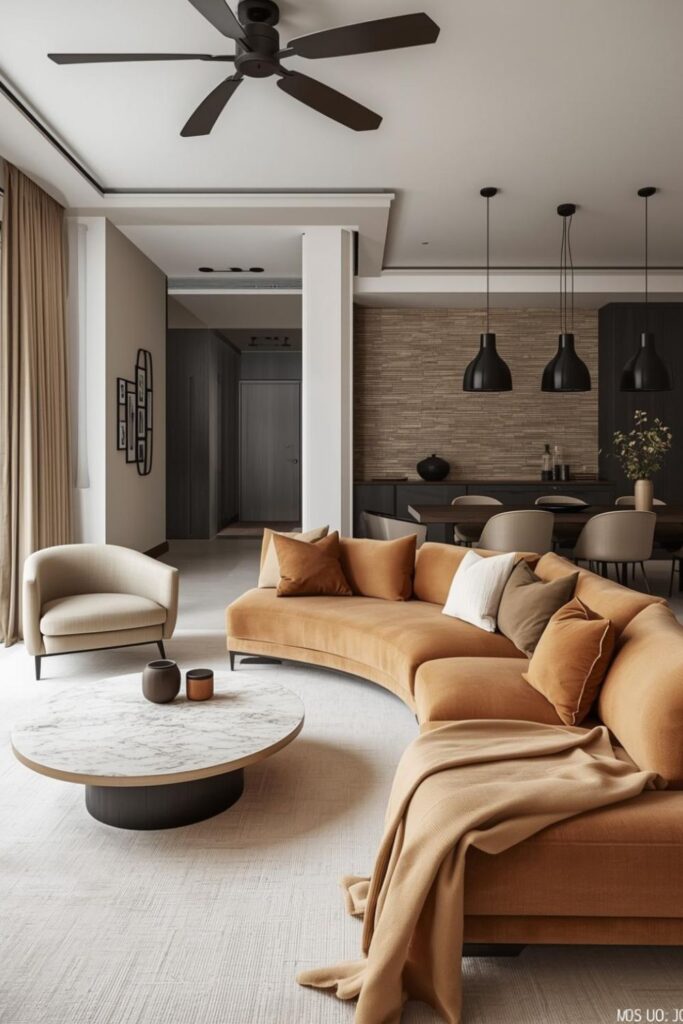 Warm Pearl Sofa with Stone-Strip Wall and Bright Dining Connection