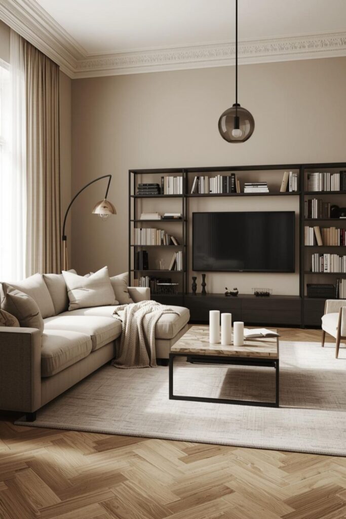 Warm Sand Beige Palette with Black Accents and Linen Drapes