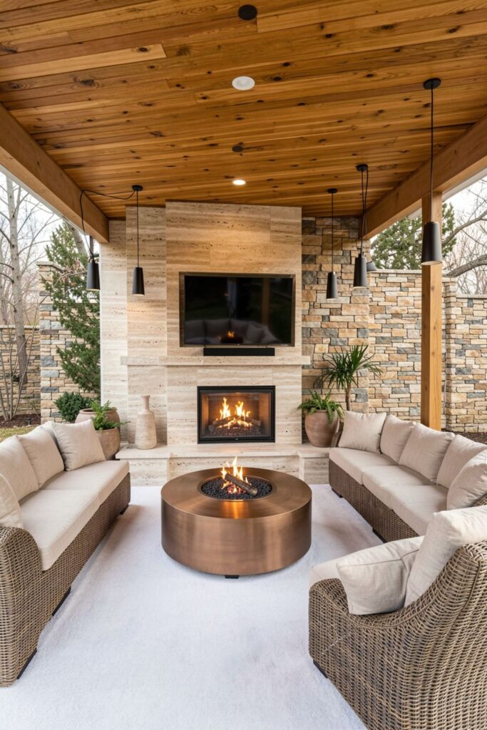 Warm Travertine Fireplace Patio With Sand-Tone U-Sectional