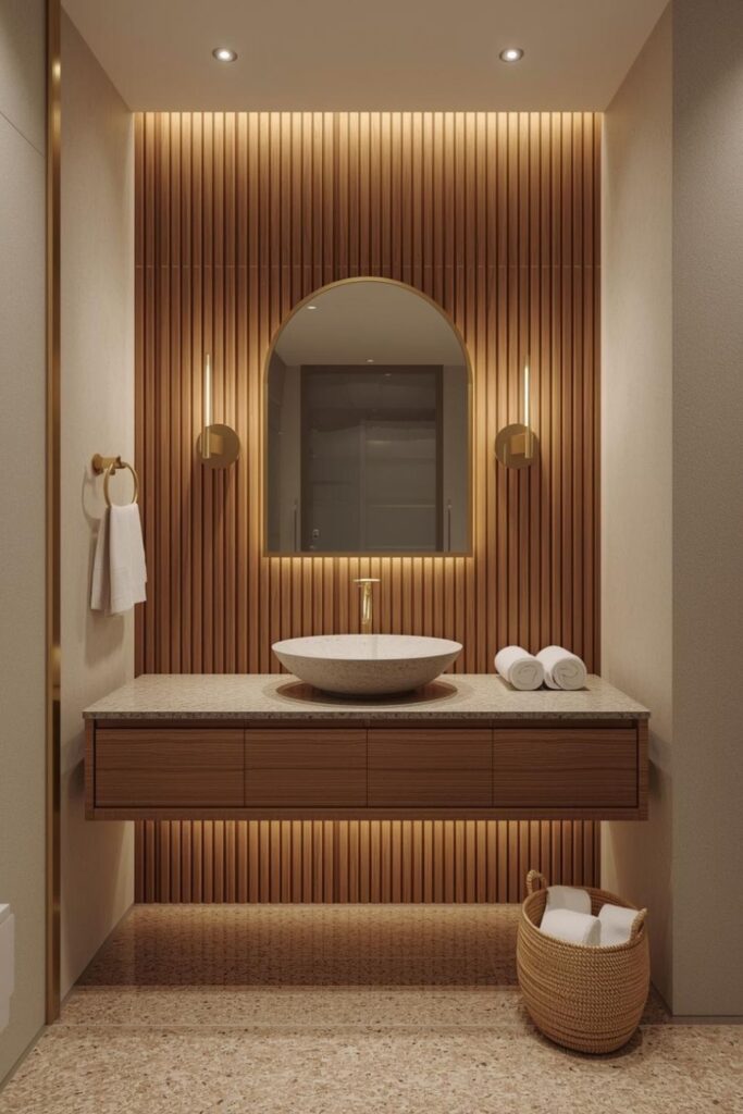 Warm Wood Slat Feature Wall with Stone Basin Vanity
