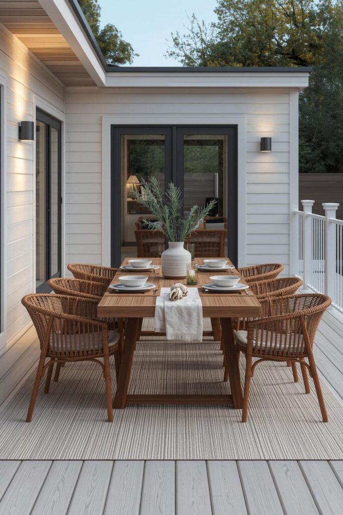 White Deck Dining Area With Teak Table And Woven Chairs
