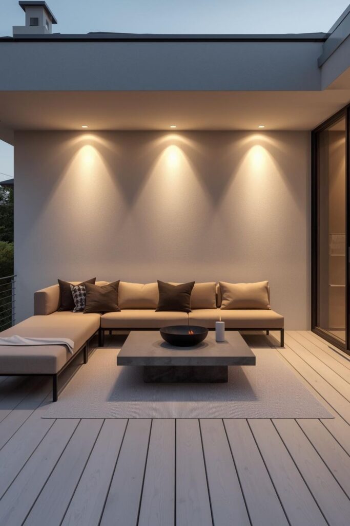 White Deck With Minimal Outdoor Sofa And Concrete Coffee Table