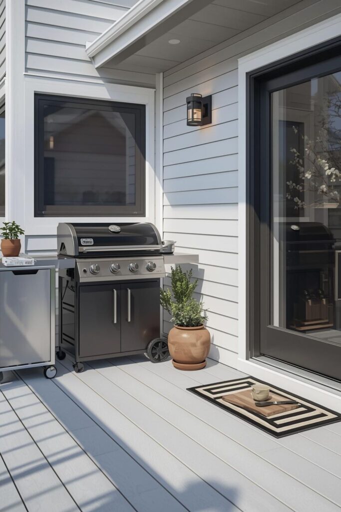 White Deck With Outdoor Kitchen Cart And Grill Corner