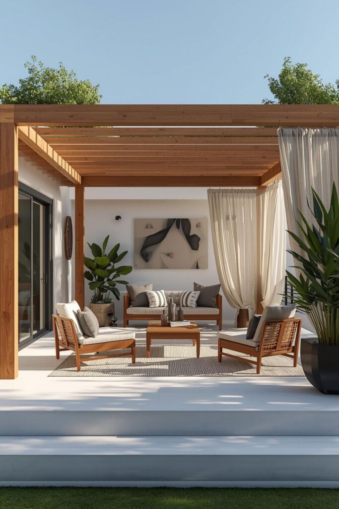 White Deck With Pergola And Sheer Curtains For Shade
