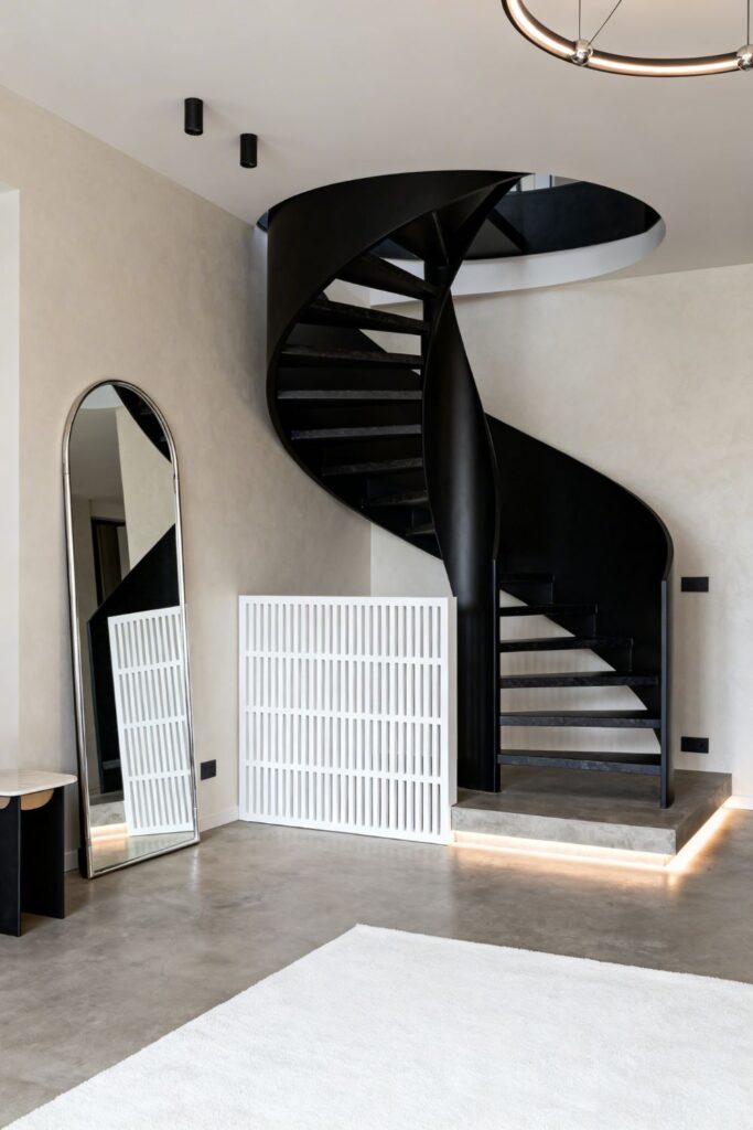 White Micro-Slatted Partition With Black Spiral Staircase