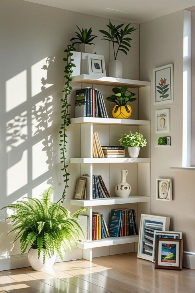 White Natural Wood and Green Plant Corner Shelf Stack