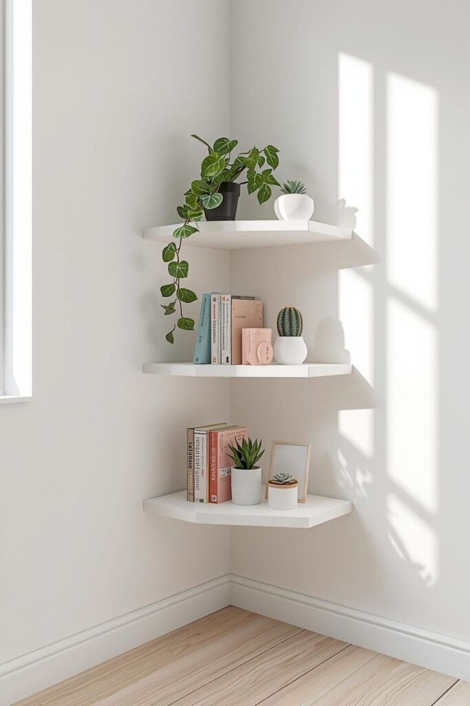 White and Pastel Decor Corner Shelf with Playful Micro-Objects