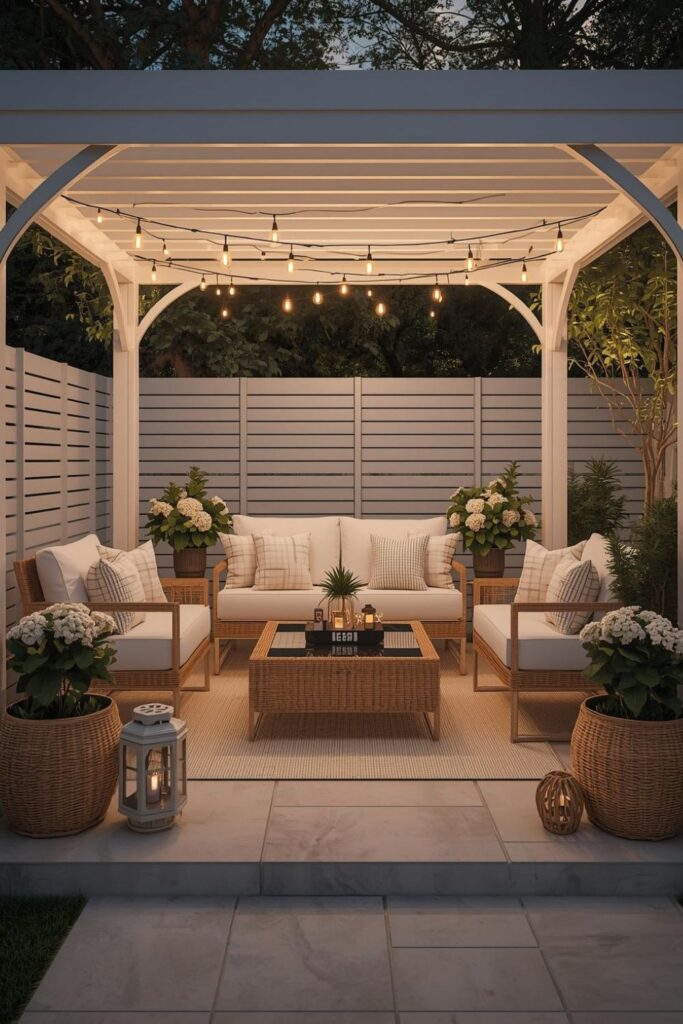 White and Rattan Pergola Moment with Soft Texture on Texture