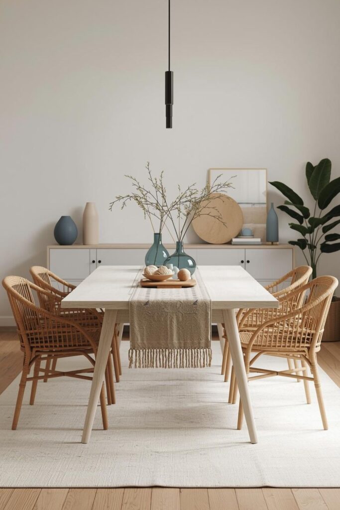 Whitewashed Dining Table With Wicker Chairs and Linen Runner