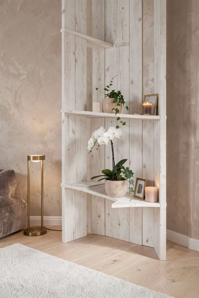Whitewashed Wood Screen With Orchid Shelf And Brass Details
