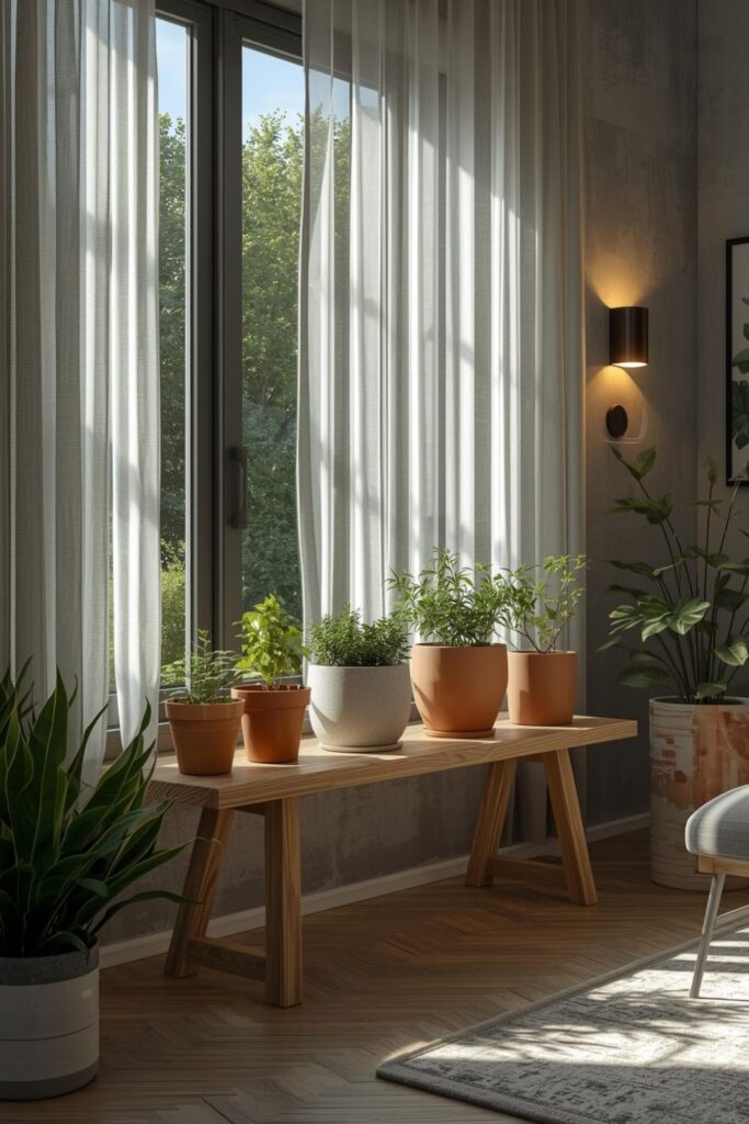 Window Indoor Garden Bench With Sheer Curtains And Clip Lights