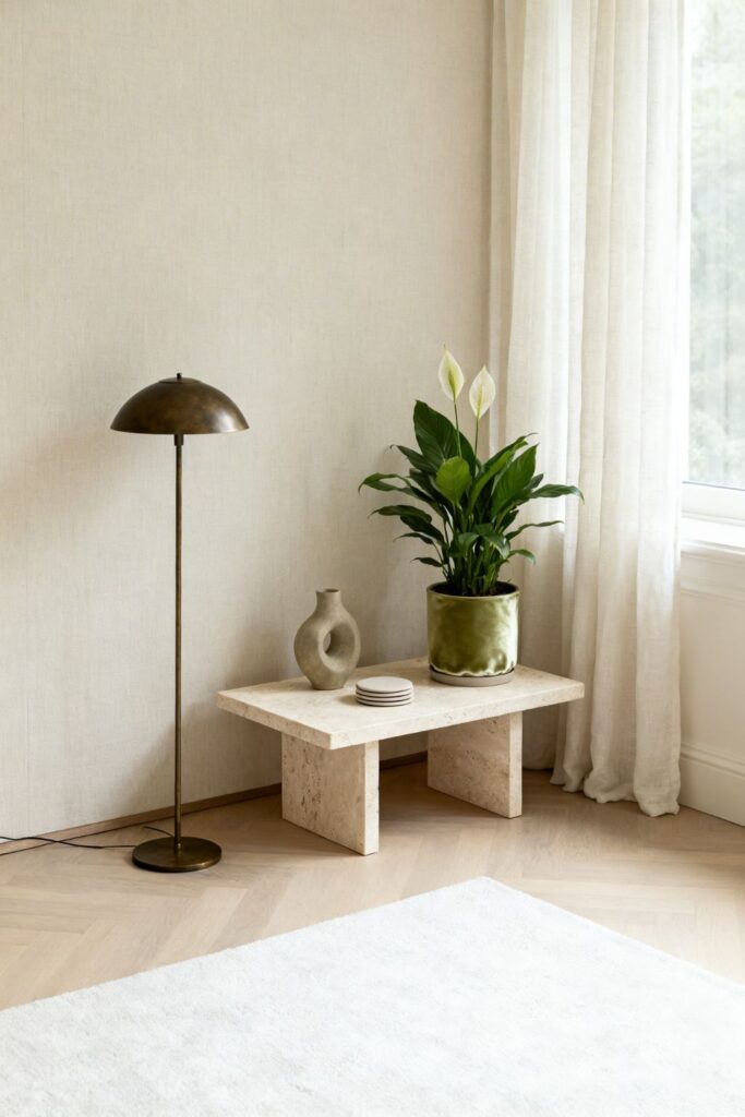 Window-Lit Plant Corner With Low Travertine Side Table