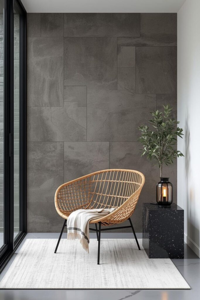 Balcony-Inside Nook With Rattan Chair And Slate Wall