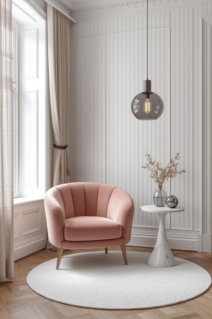 Bay Window Nook With Blush Velvet And Marble Pedestal