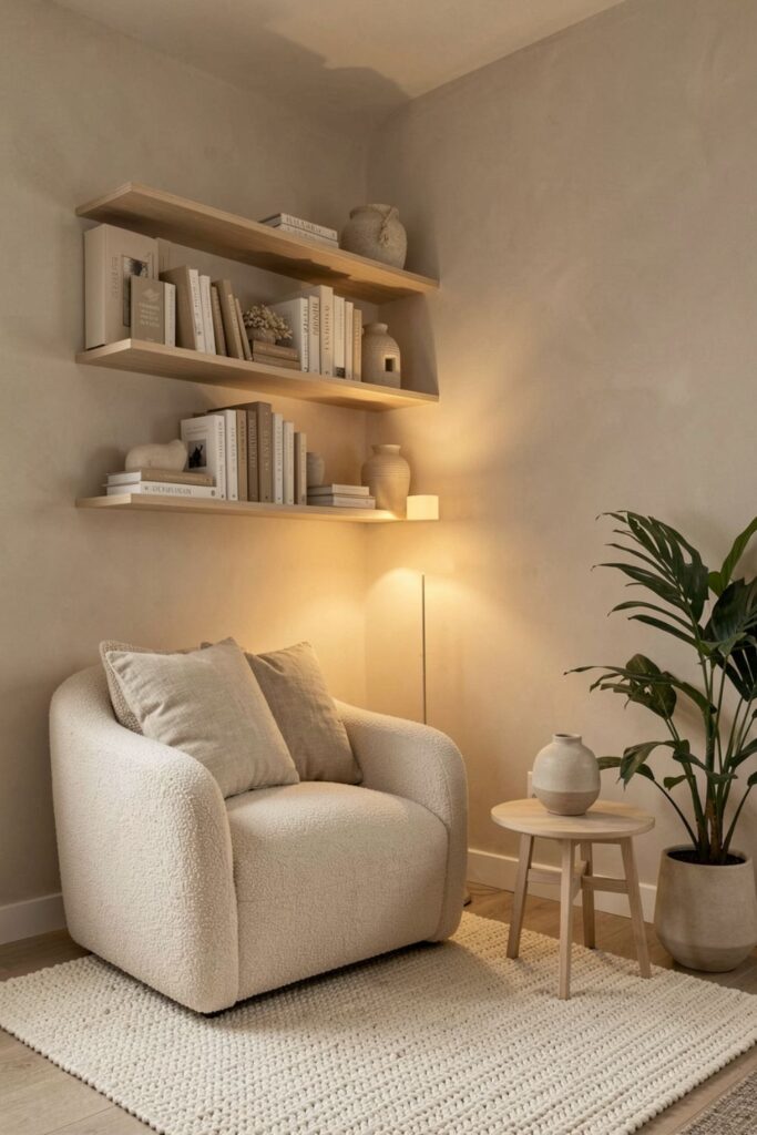 Beige Minimalist Home Decor Reading Nook with Soft Textures