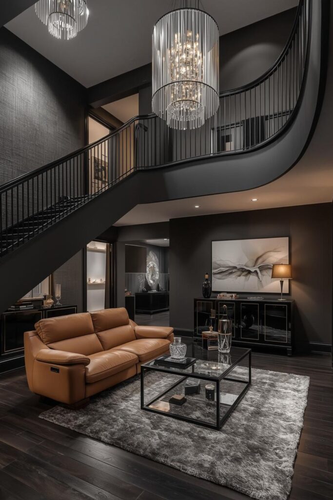 Black Camel and Crystal Double Height Living Room With Bar Cart