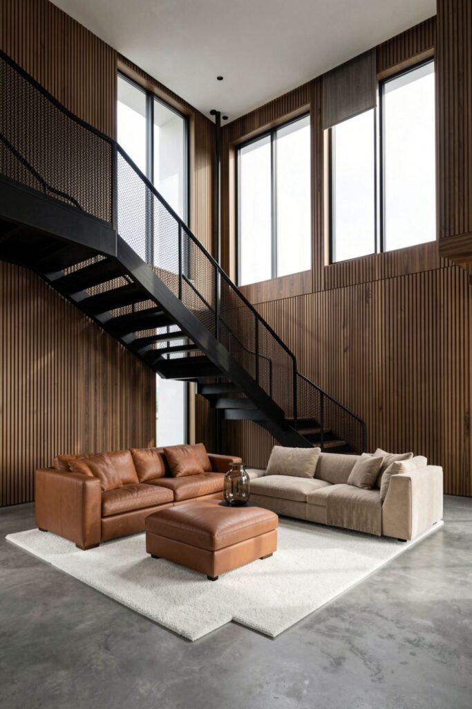 Black Steel Frame Stairs With Cognac Leather Warmth